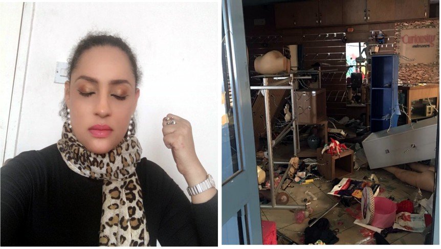 Actress Lilian Bach cries out after her store was looted in Surulere