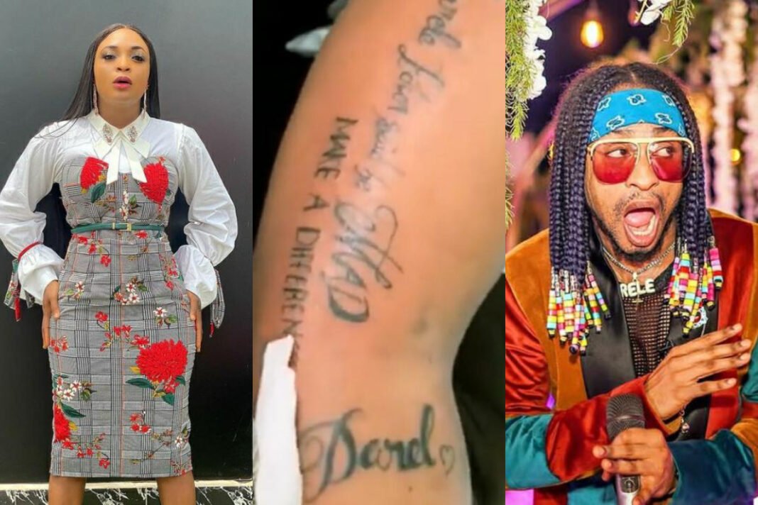 ‘Tattooing Madness’ – Nigerians React As Blessing Okoro Tattoos Denrele Edun’s Name On Her Arm