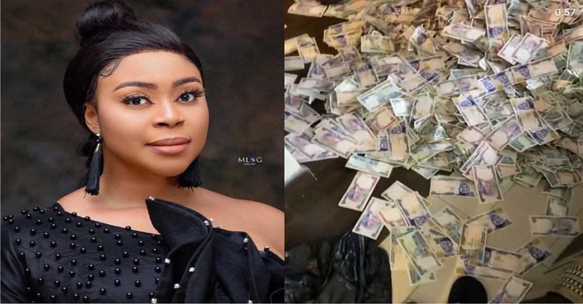 "See Gwagon Money For Ground" - Reactions As Actress, Mimi Shows Off Huge Pile Of Money Rained On Her At Her Birthday Party (Video)