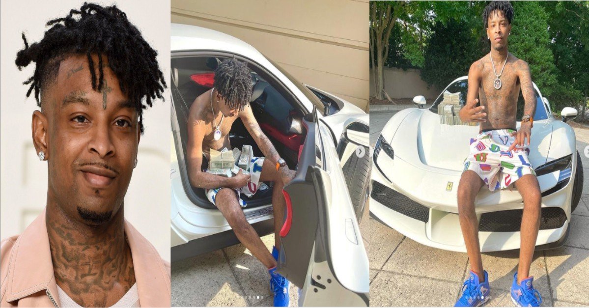21 Savage Flaunts Million-Dollar Ferrari & Bundles Of Cash In New Photos(SEE)