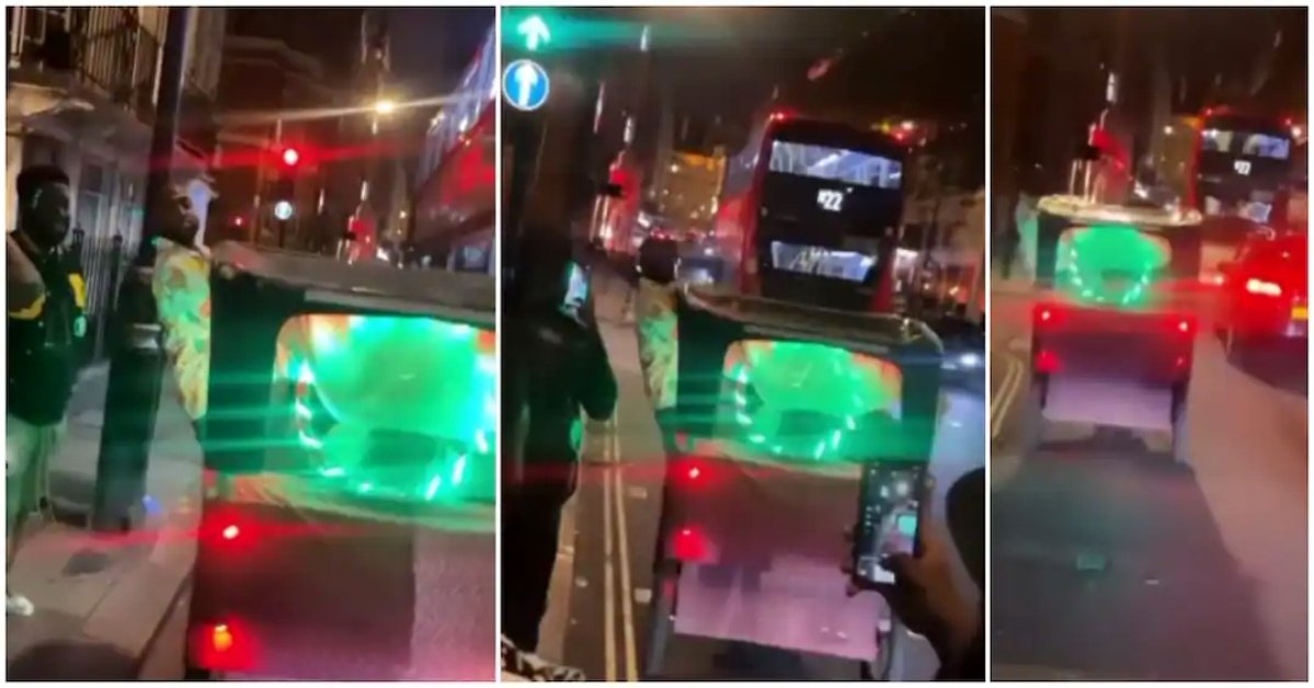 Video: Davido mimics a conductor in London, jumps on a moving 'Keke Napep' while his boys run after him