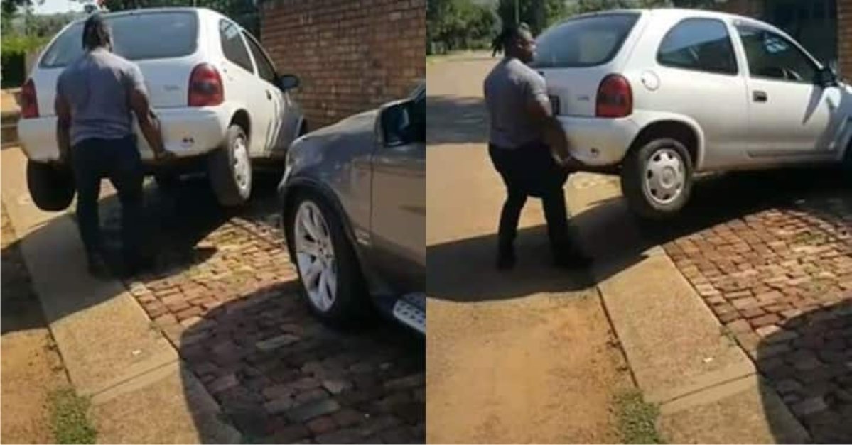 "How dare you block my way with this car" - Muscular man lifts car with his hands and moves it out of his way