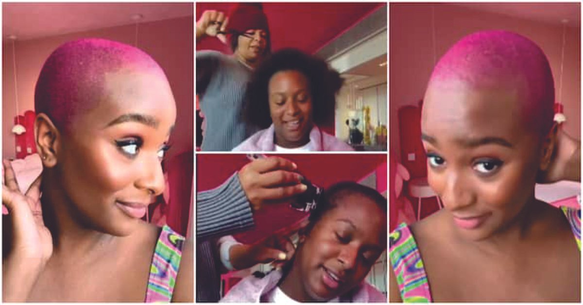 Fans react as DJ Cuppy cuts off long hair, dyes it pink in a viral video