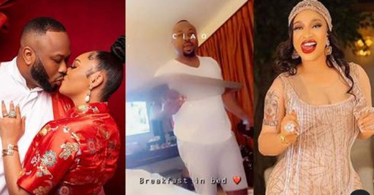 “Tonto missed a good man” – Reactions as Rosy Meurer shares video of hubby, Churchill serving her breakfast in bed