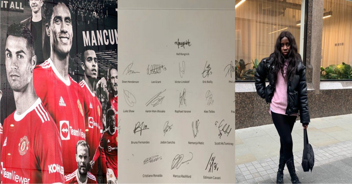 Nigerian Lady Receives Congratulatory Card From Man Utd Signed By C. Ronaldo, Pogba, Cavani, Others