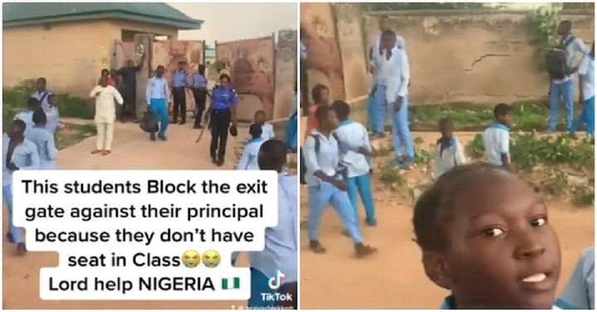 "We Stand To Copy Note" - Students Block School Gate Against Their principal, Protest Lack Seats
