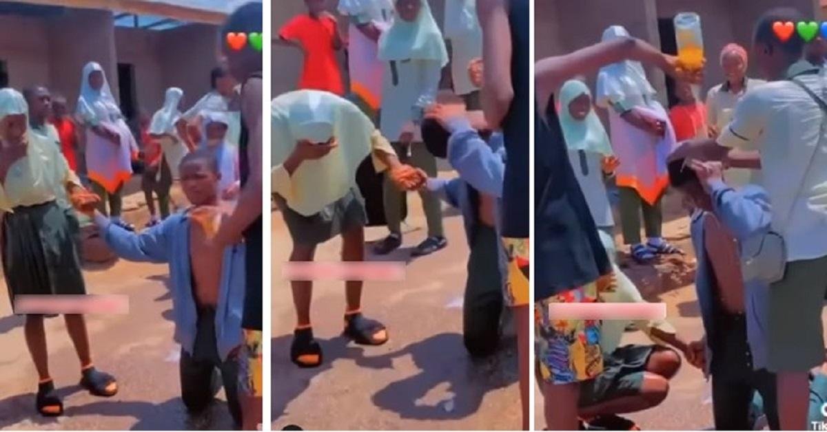 Video: SS3 boy proposes to girlfriend after WAEC exam, friend pops bottle of wine