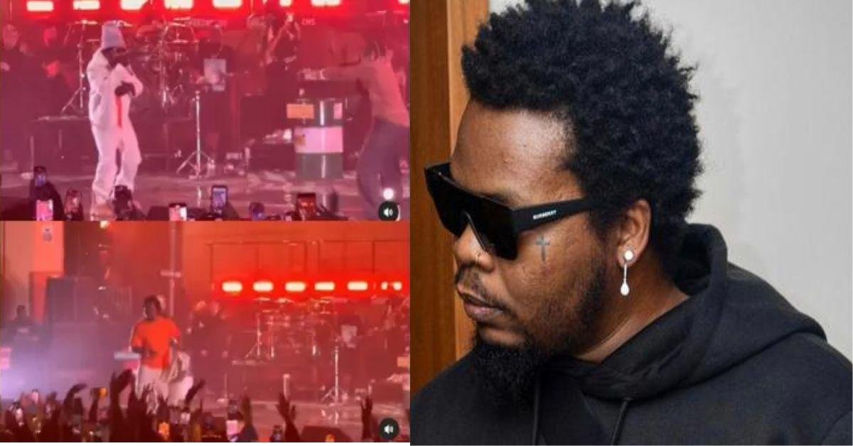 Moment Olamide throws his outfit into the crowd while performing on stage with Asake (Video)