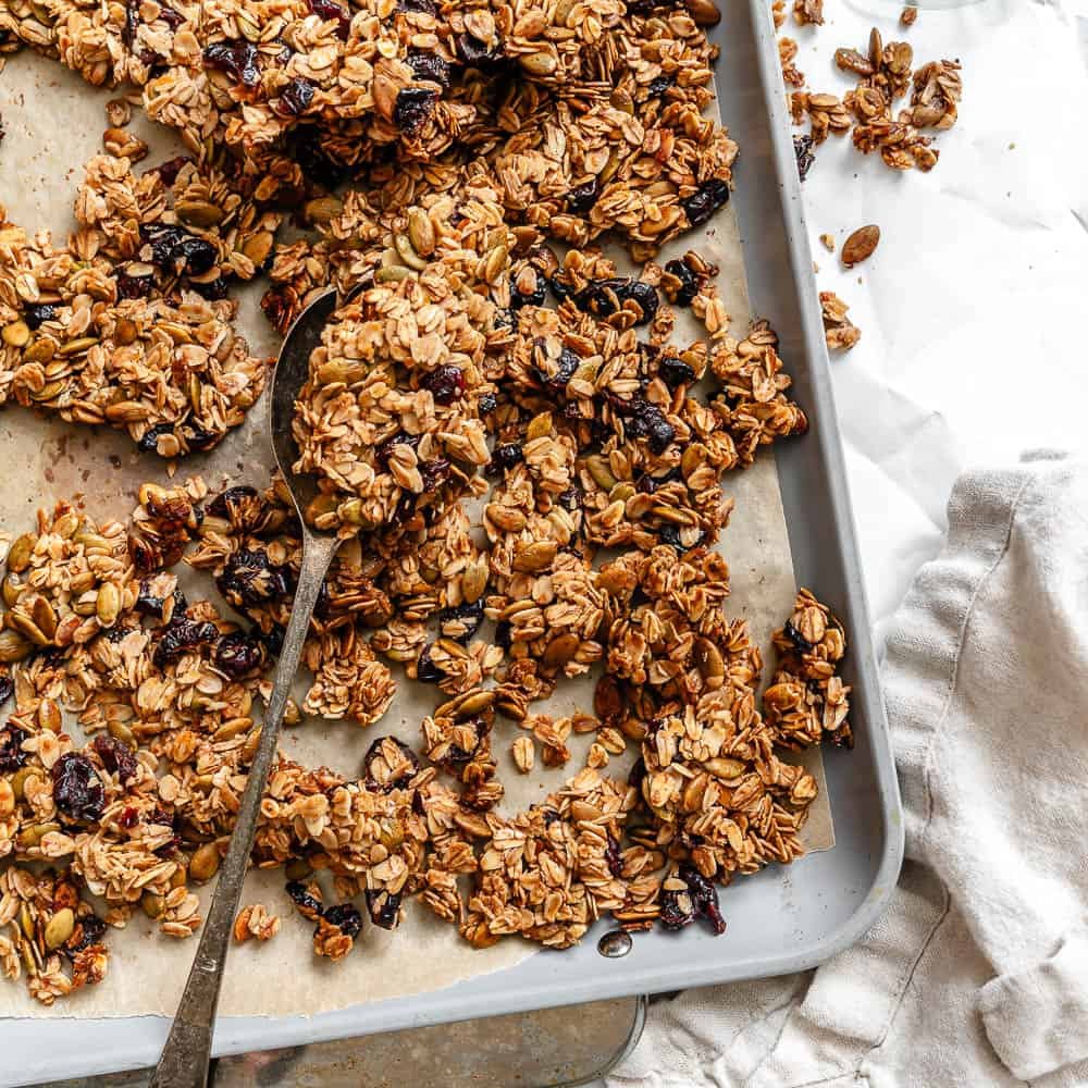 completed Maple Pumpkin Granola in baking pan